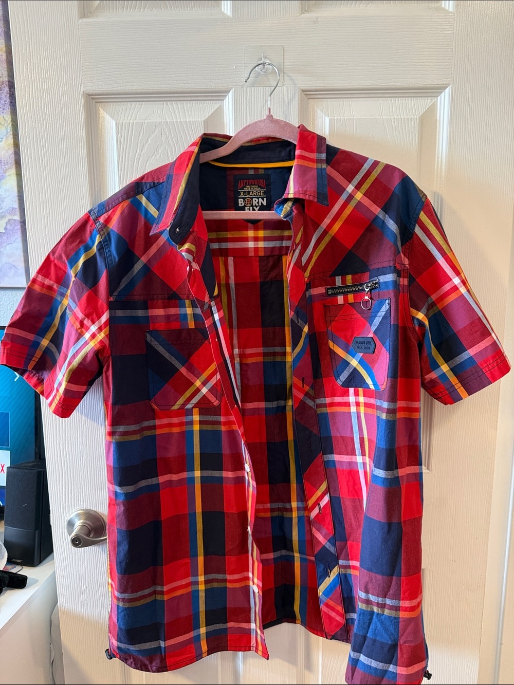 Casual Red Plaid Short-Sleeve Button-Down Shirt